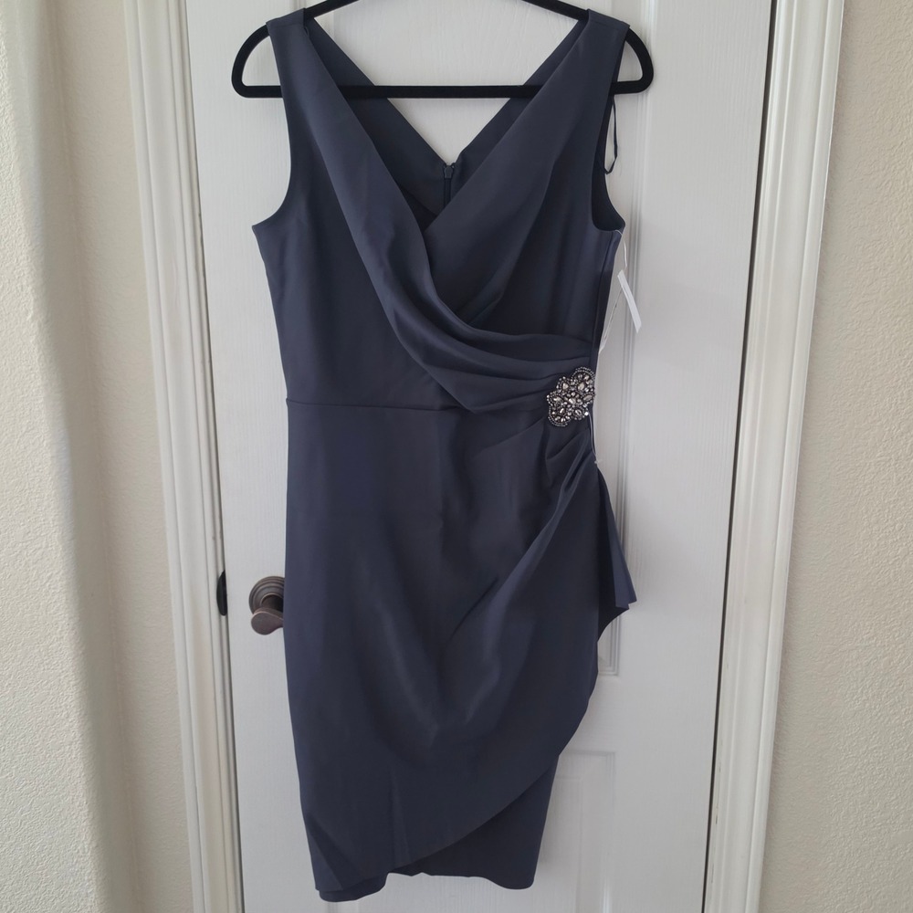 Alex Evenings Navy Blue Embellished Ruched Sheath Cocktail Dress Size 8